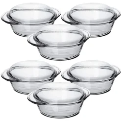 Lot de 6 cocotte ronde avec couvercle, casserole avec poignées en verre 2.3 L - Longueur 26 x Profondeur 20.2 x Hauteur 10.9 cm