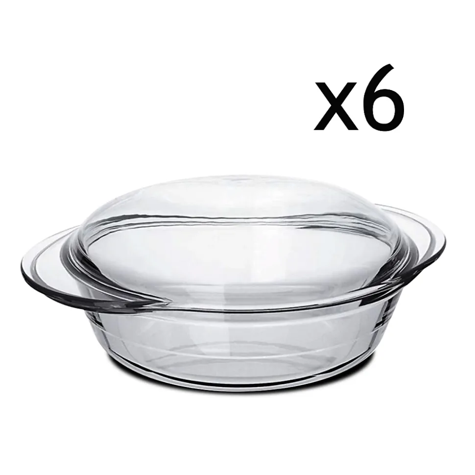 Lot de 6 cocotte ronde avec couvercle, casserole avec poignées en verre 2.3 L - Longueur 26 x Profondeur 20.2 x Hauteur 10.9 cm