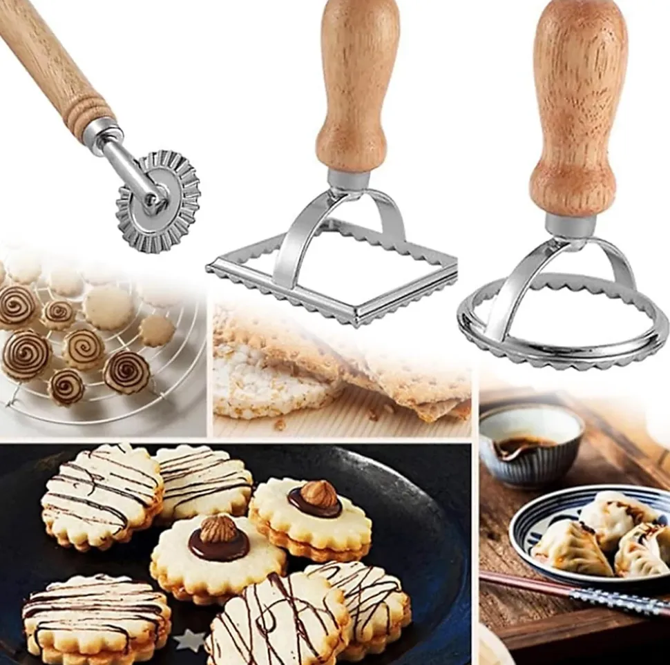 Lot De 3 Emporte-Pièces Pour Raviolis, Carrés Et Cercle Avec Poignée En Bois
