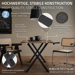 Lot de 2 pieds de table ECD Germany forme de X 60x72 cm noir acier revêtu poudre design industriel