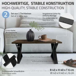 Lot de 2 pieds de table ML-Design forme de X 43x40 cm noir acier revêtu poudre design industriel