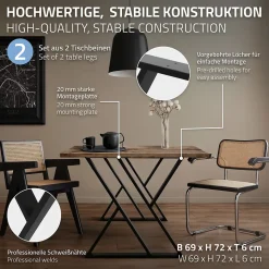 Lot de 2 pieds de table ML-Design forme de X 69x72 cm noir acier revêtu poudre design industriel