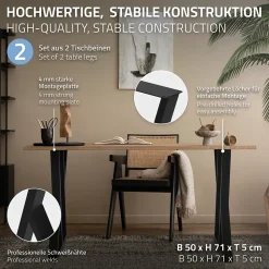 Lot de 2 pieds de table ML-Design forme de X 50x71 cm noir en acier revêtu poudre design industriel