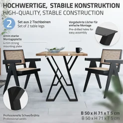 Lot de 2 pieds de table ML-Design forme de X 50x71 cm noir acier revêtu poudre design industriel