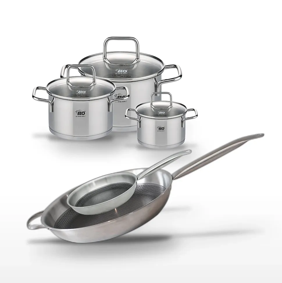 Lot de 2 Poêles 32/24cm & 3 Faitouts 20/16/12cm Elo Relief Solution