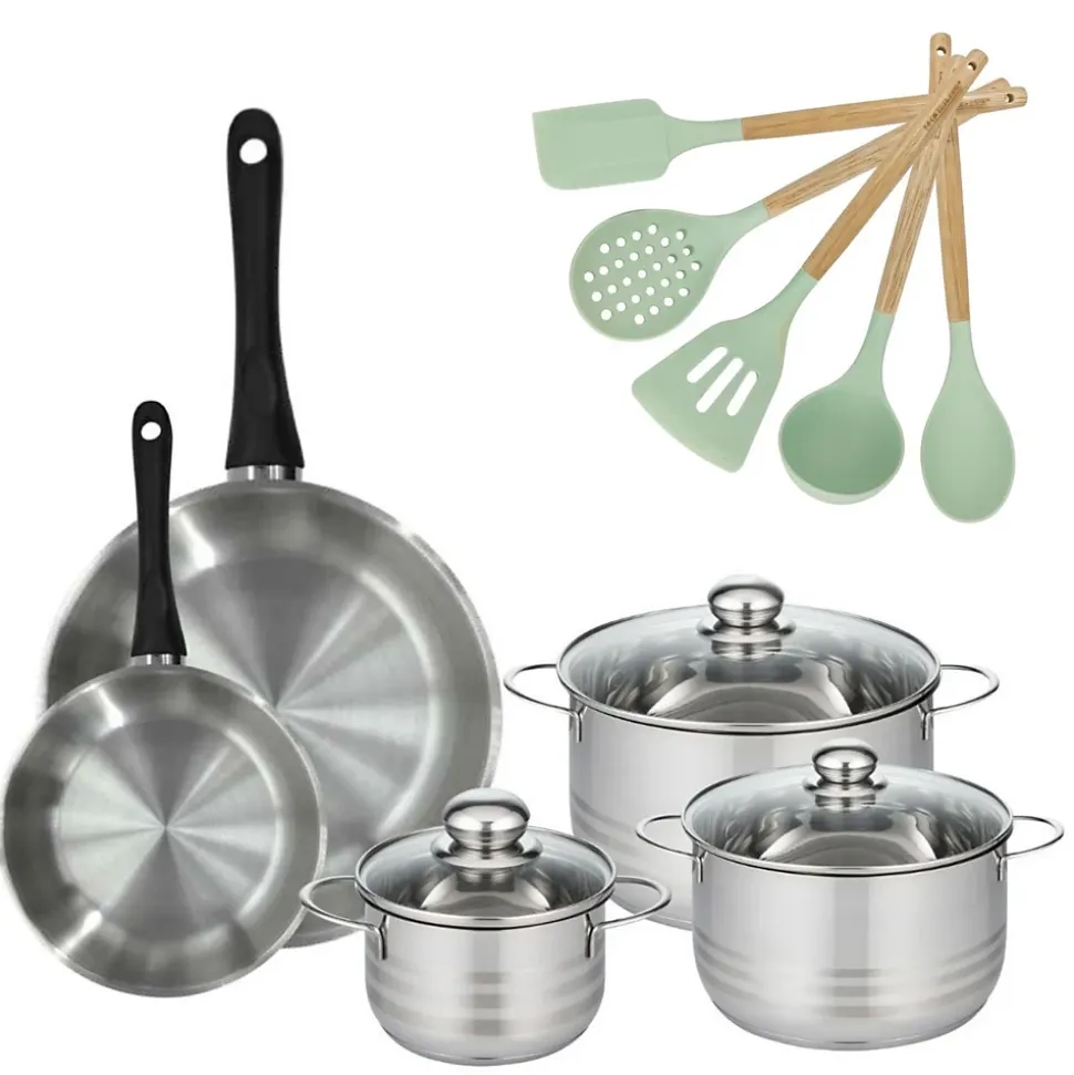 Lot de 2 Poêles 20/28cm et 3 Faitouts 16/20/24cm Fackelmann Généva avec 5 ustensiles Ocean