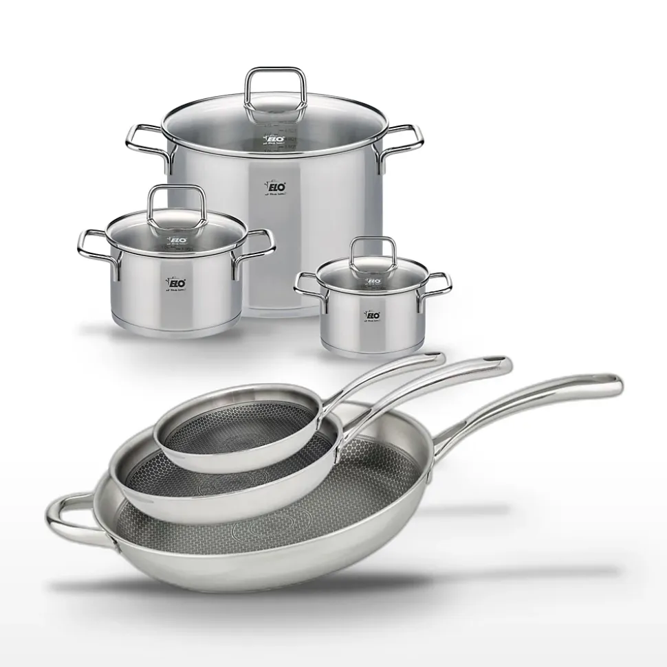 Lot de 3 Poêles Elo Relief Evolution 24/28/32 cm et 3 Faitouts Elo Citrin 16/20/26 cm