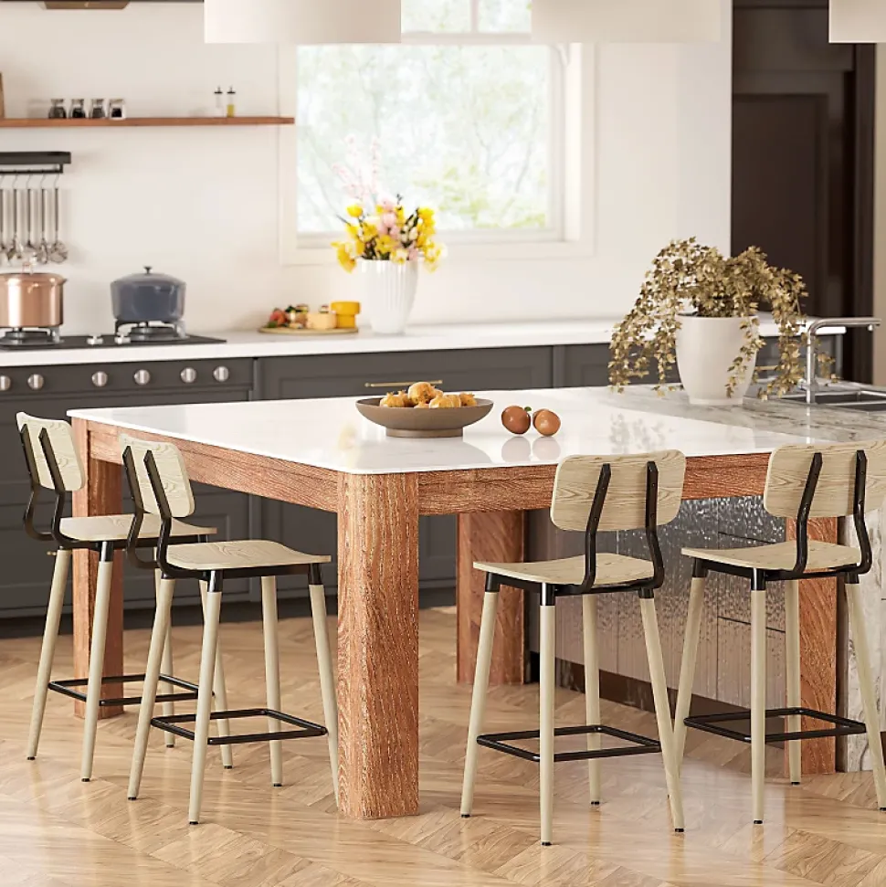 Lot De 2 Tabourets De Bar Ergonomiques - Dossier Et Repose-pieds, Acier - Style Naturel