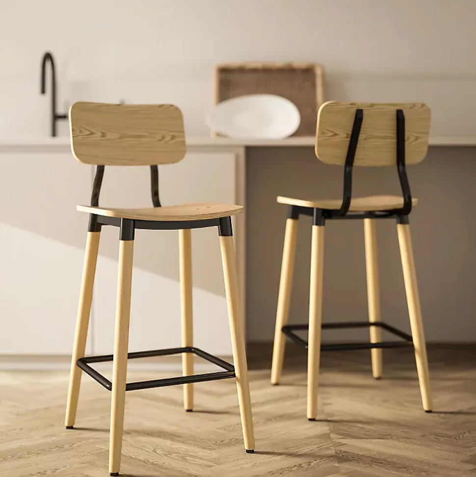 Lot De 2 Tabourets De Bar Ergonomiques - Dossier Et Repose-pieds, Acier - Style Naturel