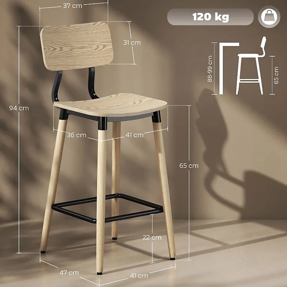 Lot De 2 Tabourets De Bar Ergonomiques - Dossier Et Repose-pieds, Acier - Style Naturel