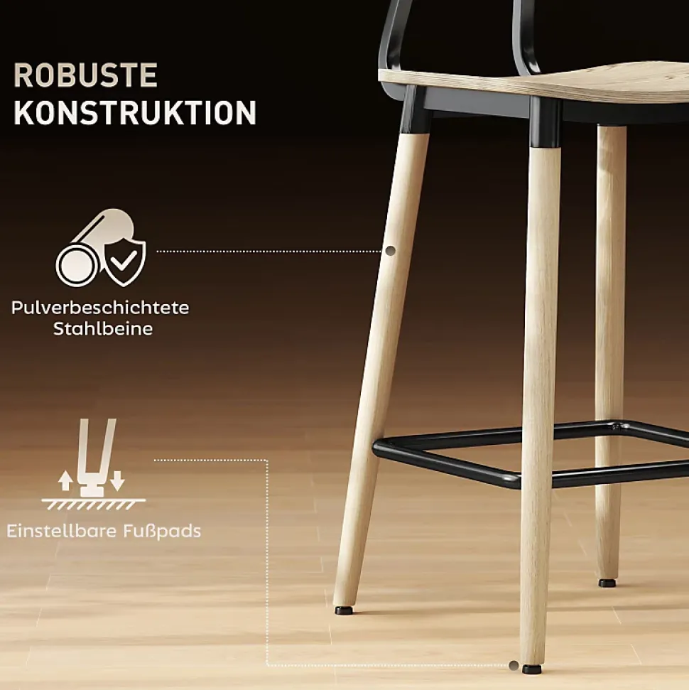 Lot De 2 Tabourets De Bar Ergonomiques - Dossier Et Repose-pieds, Acier - Style Naturel