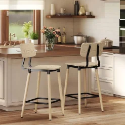 Lot De 2 Tabourets De Bar Ergonomiques - Dossier Et Repose-pieds, Acier - Style Naturel