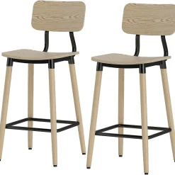 Lot De 2 Tabourets De Bar Ergonomiques - Dossier Et Repose-pieds, Acier - Style Naturel
