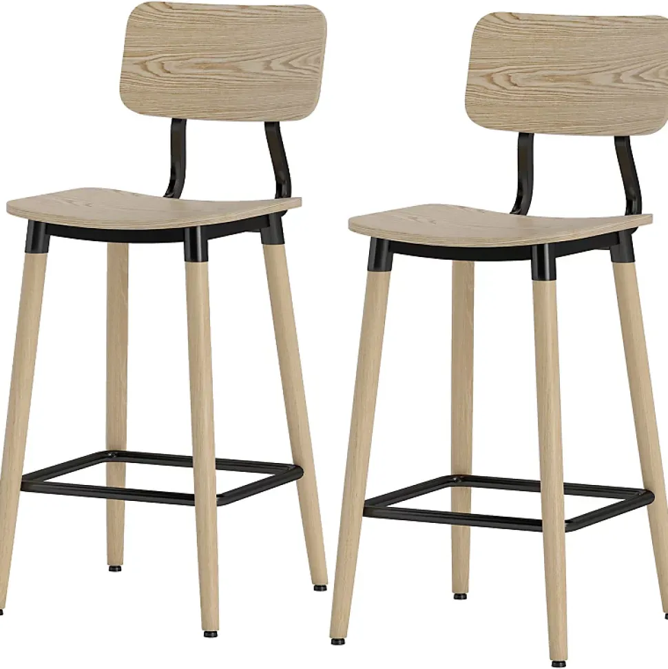 Lot De 2 Tabourets De Bar Ergonomiques - Dossier Et Repose-pieds, Acier - Style Naturel
