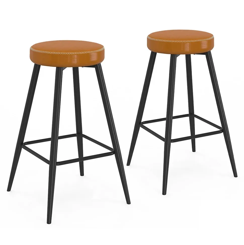 Lot de 2 tabourets de bar ISAURE marron avec coutures et pieds en métal noir