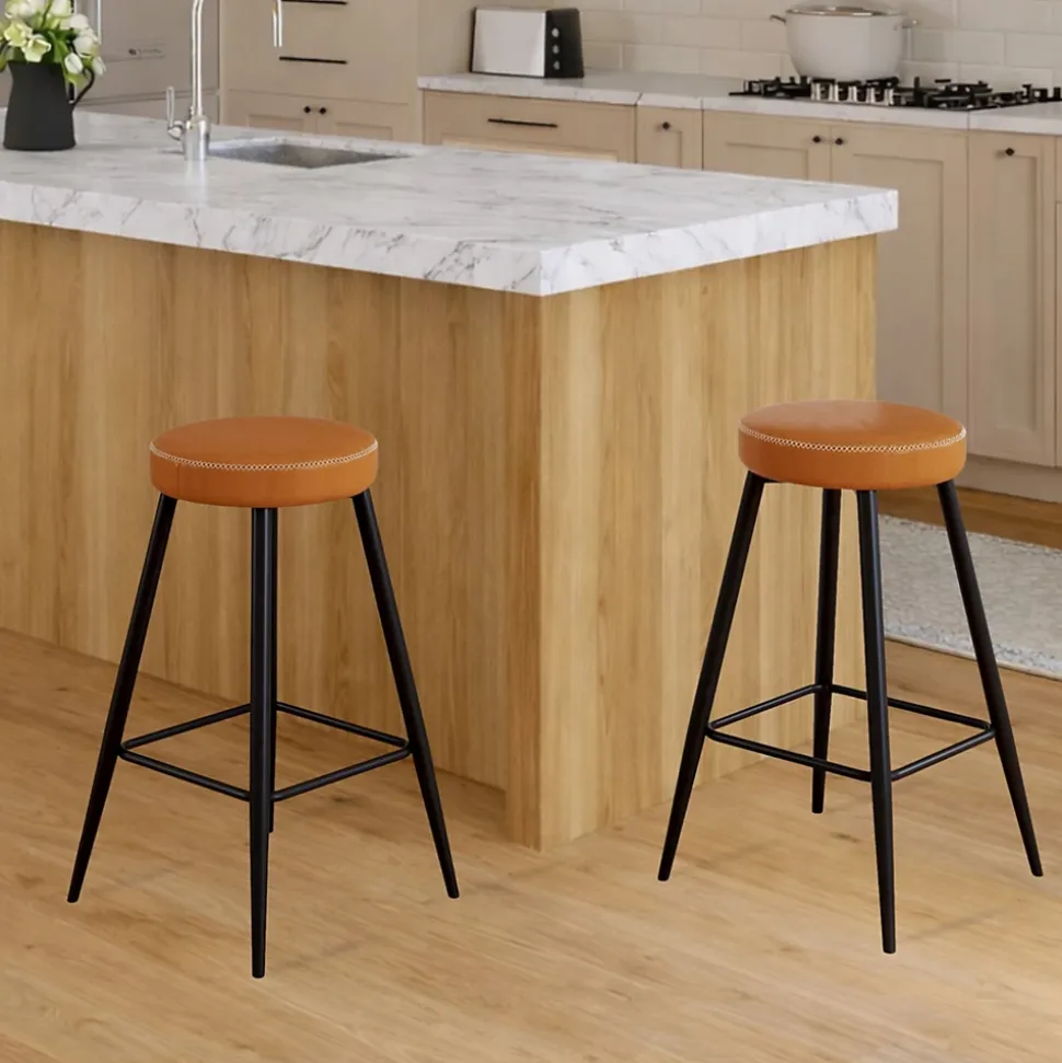 Lot de 2 tabourets de bar ISAURE marron avec coutures et pieds en métal noir