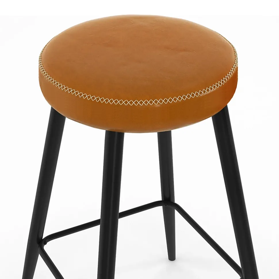 Lot de 2 tabourets de bar ISAURE marron avec coutures et pieds en métal noir