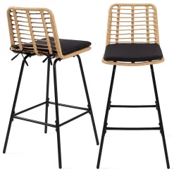 Lot de 2 tabourets de bar SUMMER effet rotin pied métal noir