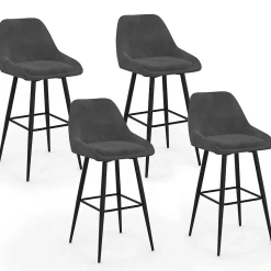 Lot de 4 tabourets de bar THALYA en velours gris foncé avec demi-accoudoirs