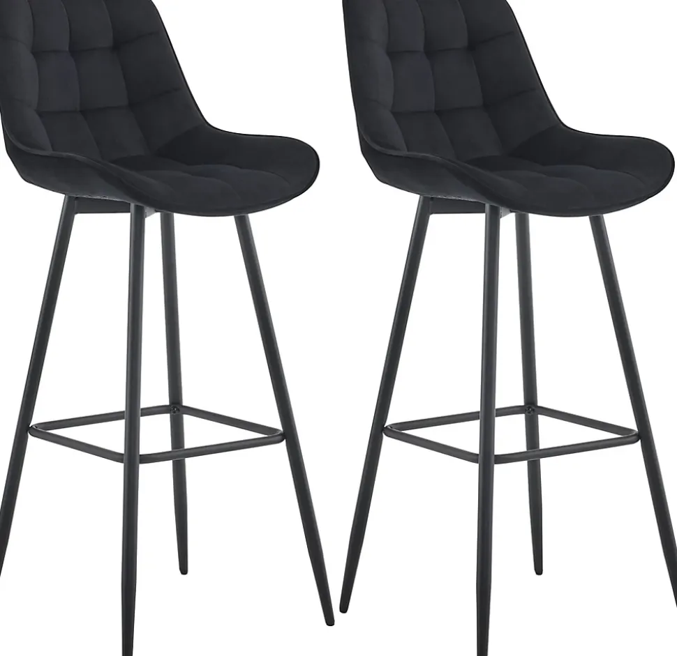 Lot de 2 tabourets de bar Dartford, Chaise de bar rembourrée, Structure métallique Noir/Velours