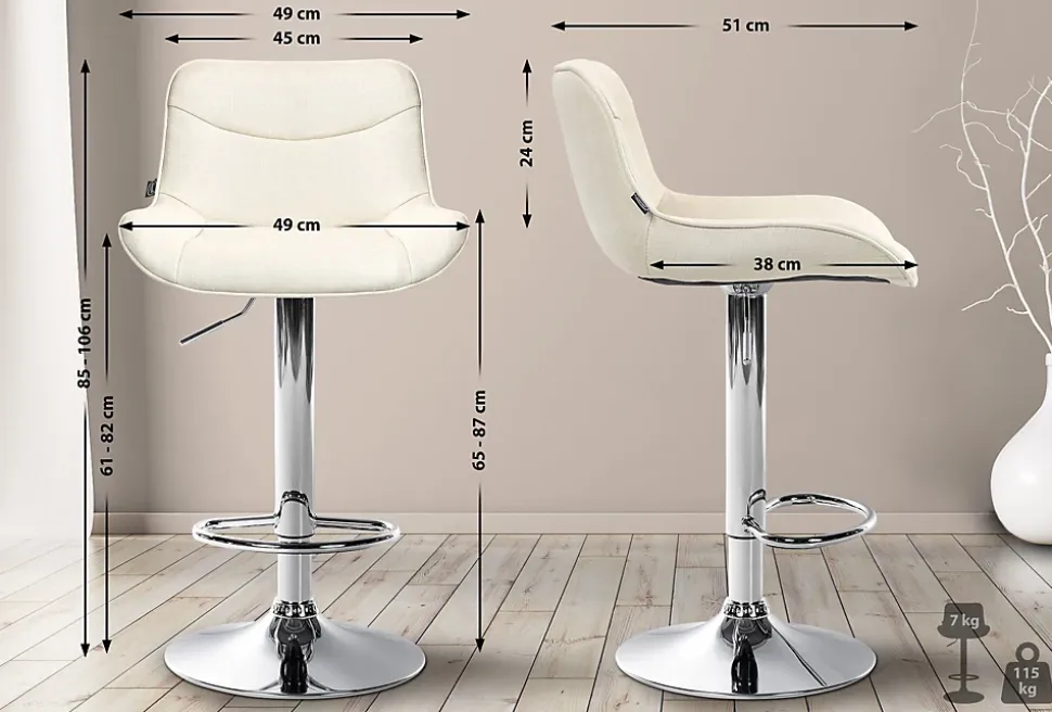 Lot de 2 tabourets de bar Vonore Tissu, réglable en hauteur, pivotant à 360 degrés, avec repose-pieds Crème/Chrome
