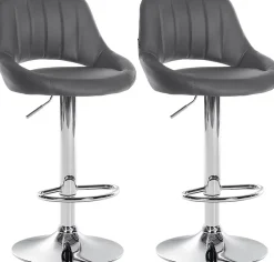 Lot de 2 tabourets de bar Milet similicuir, Chaise de bar pivotante avec repose-pieds et dossier Métalchromé/Gris