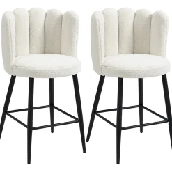 Lot de 2 tabourets de bar design contemporain - repose-pied - acier noir revêtement effet laine bouclée blanc