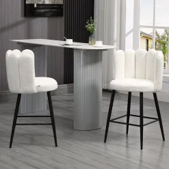 Lot de 2 tabourets de bar design contemporain - repose-pied - acier noir revêtement effet laine bouclée blanc