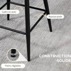 Lot de 2 tabourets de bar design contemporain - repose-pied - acier noir revêtement effet laine bouclée blanc