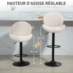 Lot de 2 tabourets de bar design coquillage pivotants réglables acier noir tissu chenille beige