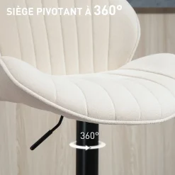 Lot de 2 tabourets de bar design coquillage pivotants réglables acier noir tissu chenille beige