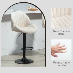 Lot de 2 tabourets de bar design coquillage pivotants réglables acier noir tissu chenille beige