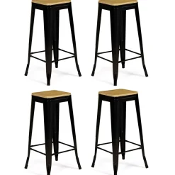 Lot de 4 tabourets de bar LENY métal noir mat assise bois empilable aspect brut factory