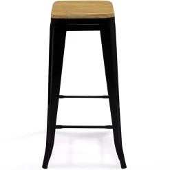 Lot de 4 tabourets de bar LENY métal noir mat assise bois empilable aspect brut factory