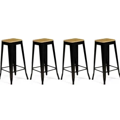 Lot de 4 tabourets de bar LENY métal noir mat assise bois empilable aspect brut factory