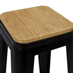 Lot de 4 tabourets de bar LENY métal noir mat assise bois empilable aspect brut factory