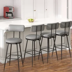 Lot de 4 tabourets de bar cuir PU gris, chaise moderne avec siège confortable et base métal, pour cuisine salle à manger comptoir