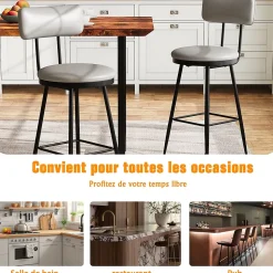 Lot de 4 tabourets de bar cuir PU gris, chaise moderne avec siège confortable et base métal, pour cuisine salle à manger comptoir