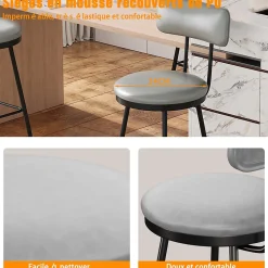 Lot de 4 tabourets de bar cuir PU gris, chaise moderne avec siège confortable et base métal, pour cuisine salle à manger comptoir