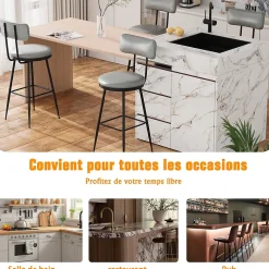 Lot de 4 tabourets de bar cuir PU gris, chaise moderne avec siège confortable et base métal, pour cuisine salle à manger comptoir