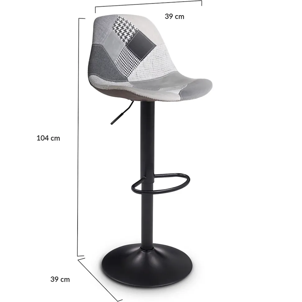 Lot de 4 tabourets de bar KARL design patchworks noirs, gris et blancs pied noir