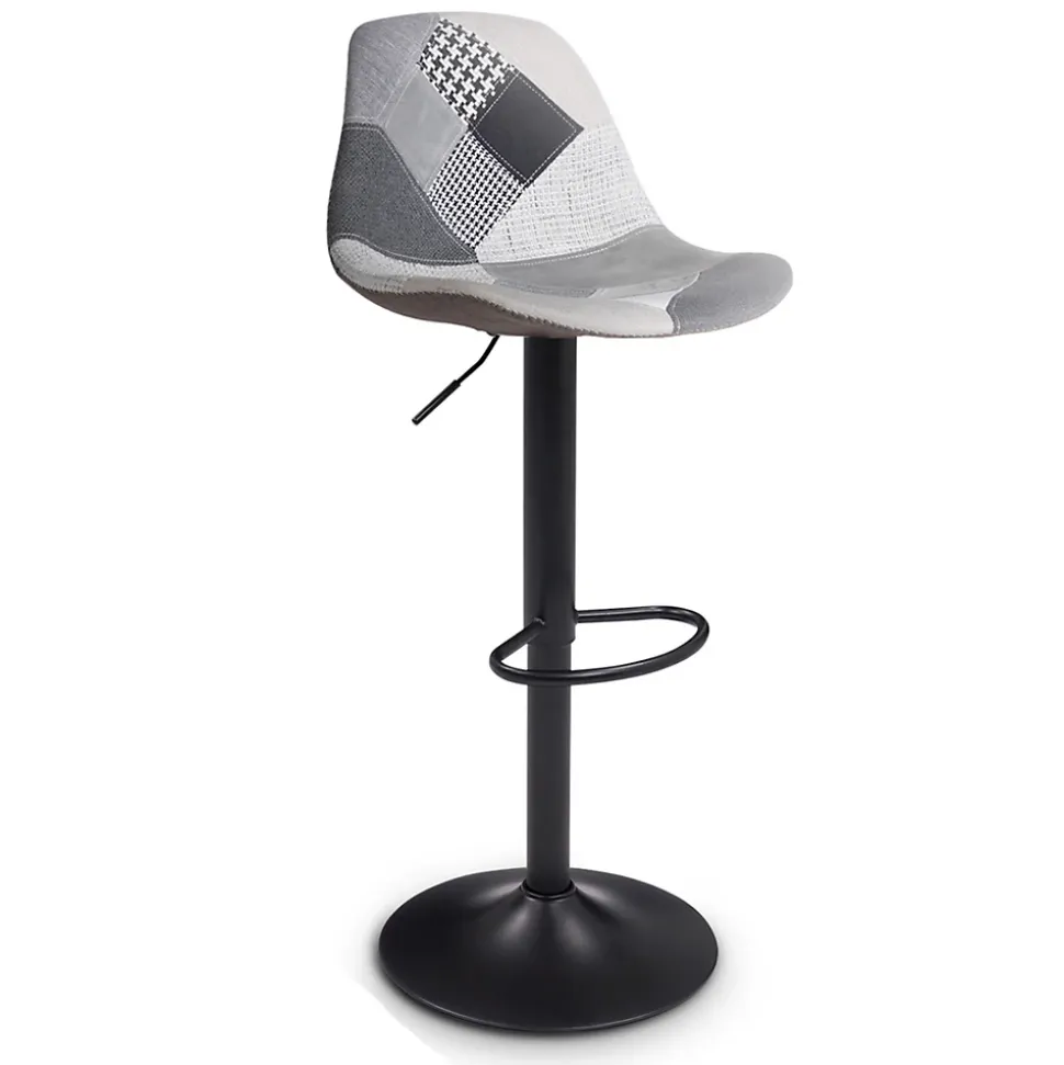 Lot de 4 tabourets de bar KARL design patchworks noirs, gris et blancs pied noir