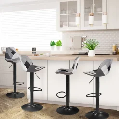 Lot de 4 tabourets de bar KARL design patchworks noirs, gris et blancs pied noir