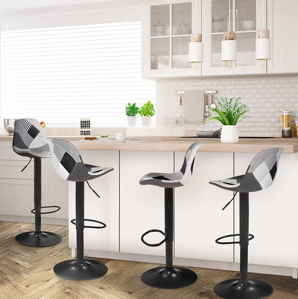Lot de 4 tabourets de bar KARL design patchworks noirs, gris et blancs pied noir