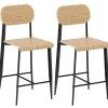 Lot de 2 tabourets de bar chaises de bar design structure acier noir assise dossier effet bois clair