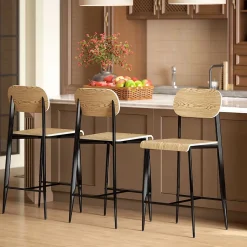 Lot de 2 tabourets de bar chaises de bar design structure acier noir assise dossier effet bois clair