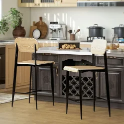 Lot de 2 tabourets de bar chaises de bar design structure acier noir assise dossier effet bois clair