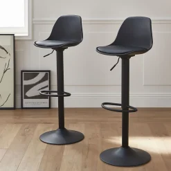 Lot de 2 tabourets de bar réglables 61.5/83.5cm - Noah - simili cuir noir - hauteur réglable. repose-pieds