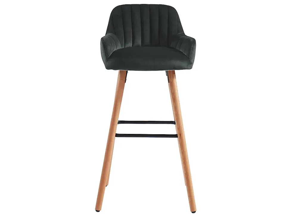 Lot de 2 tabourets de bar en velours et pieds bois de hêtre - Noir - ELEANA