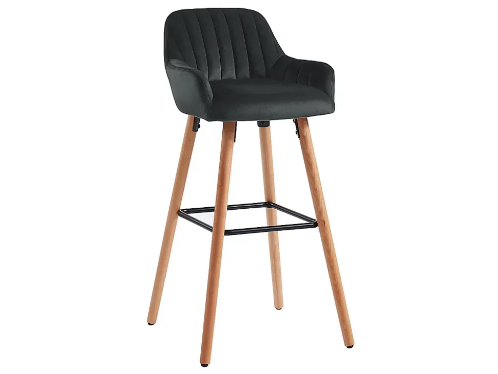 Lot de 2 tabourets de bar en velours et pieds bois de hêtre - Noir - ELEANA